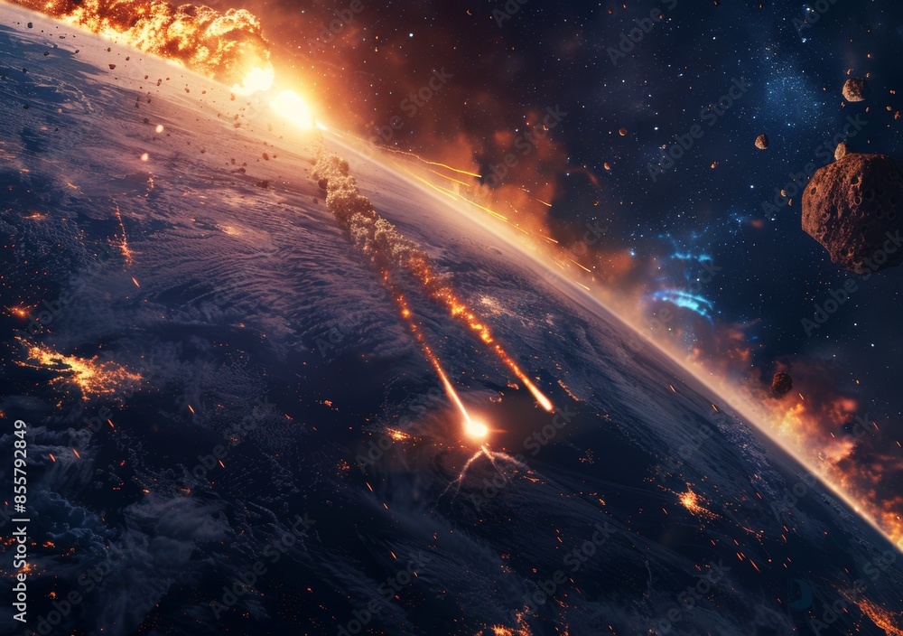 As a Meteor hits the earth's atmosphere, it burns and emits light. Illustration in 3D. As a Meteor hits the earth's atmosphere, it burns and emits light. Illustration in 3D.