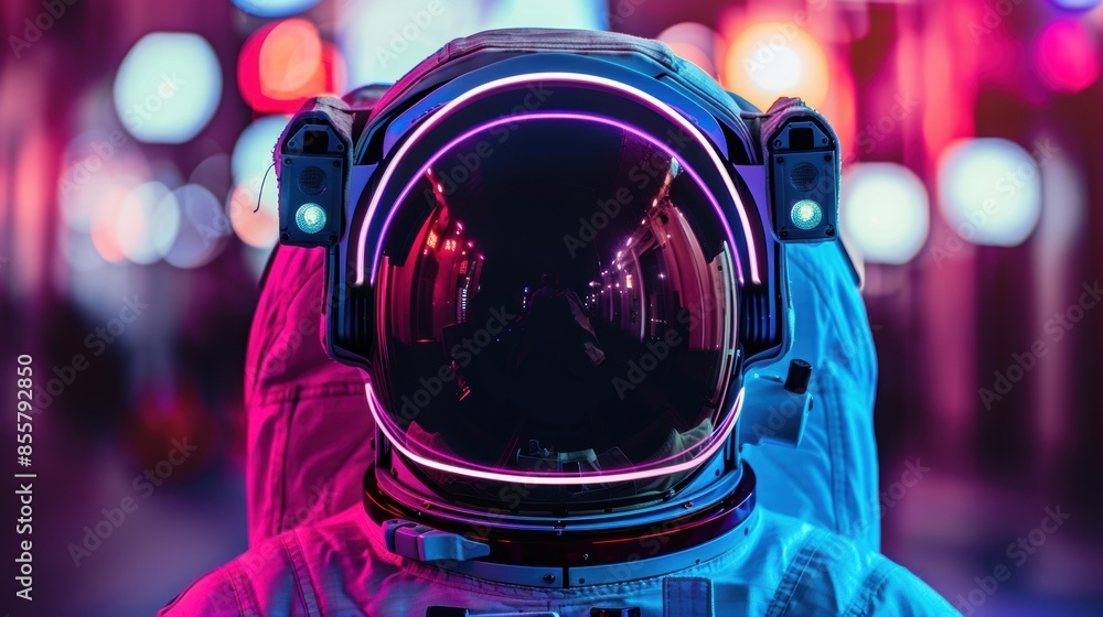 A close-up of an astronaut helmet illuminated by neon lights in a futuristic environment, reflecting vibrant city lights. A close-up of an astronaut helmet illuminated by neon lights in a futuristic environment, reflecting vibrant city lights.
