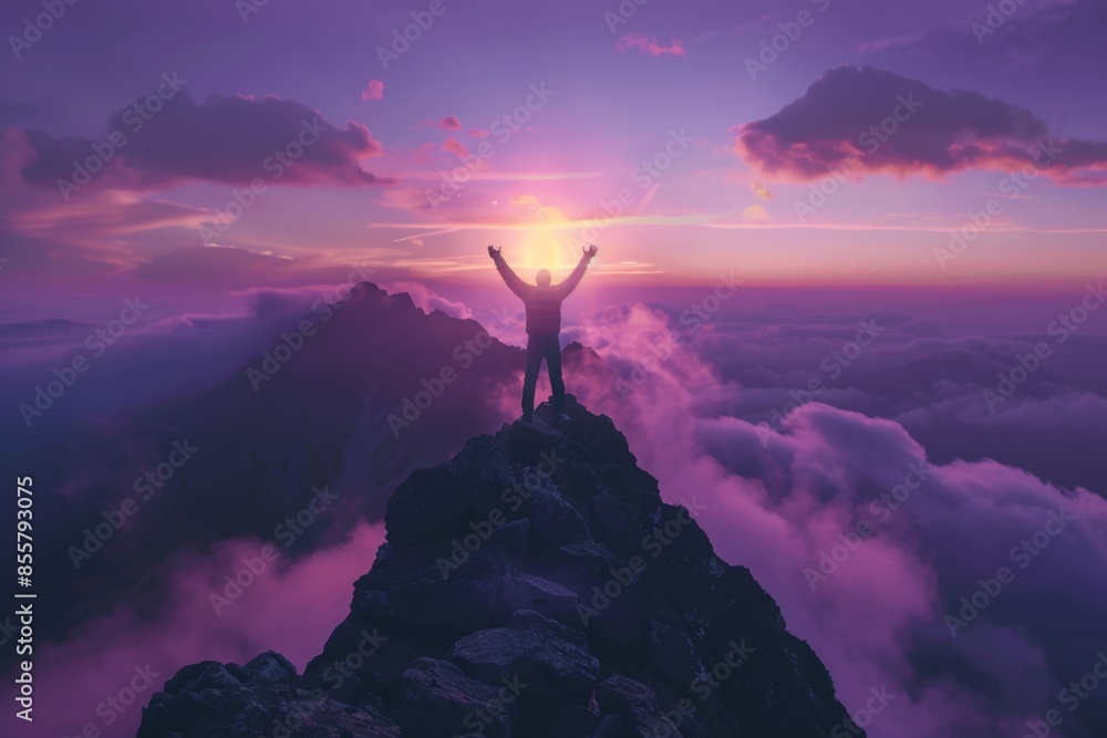 Photo composite of a man reaching up toward the sky as the sun sets in the distance. Hopes and dreams are expressed through this image. Photo composite of a man reaching up toward the sky as the sun sets in the distance. Hopes and dreams are expressed through this image.