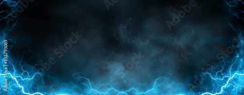 Stylish modern frame design with a stormy blue sky, smoke, and fog on a black background