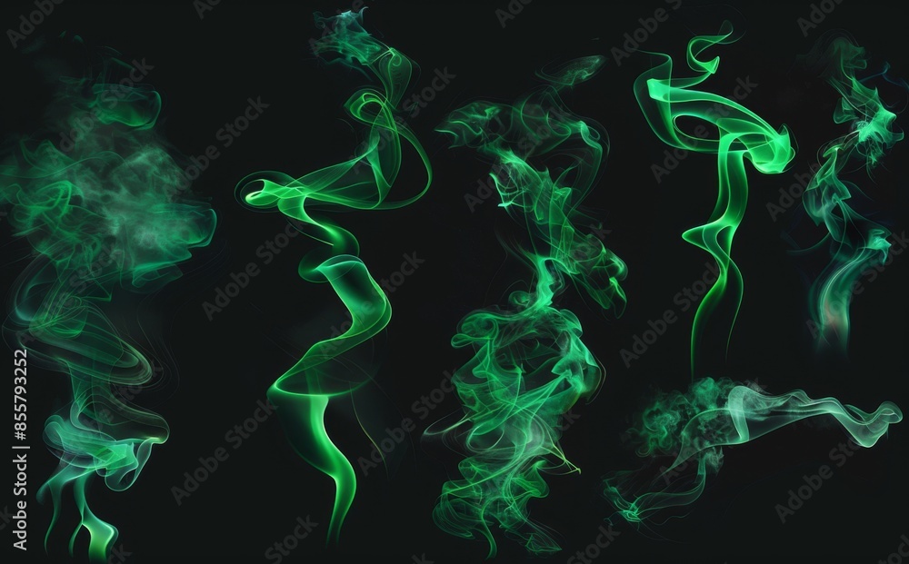 Fototapeta premium Magic smog play set in neon green with isolated black background.