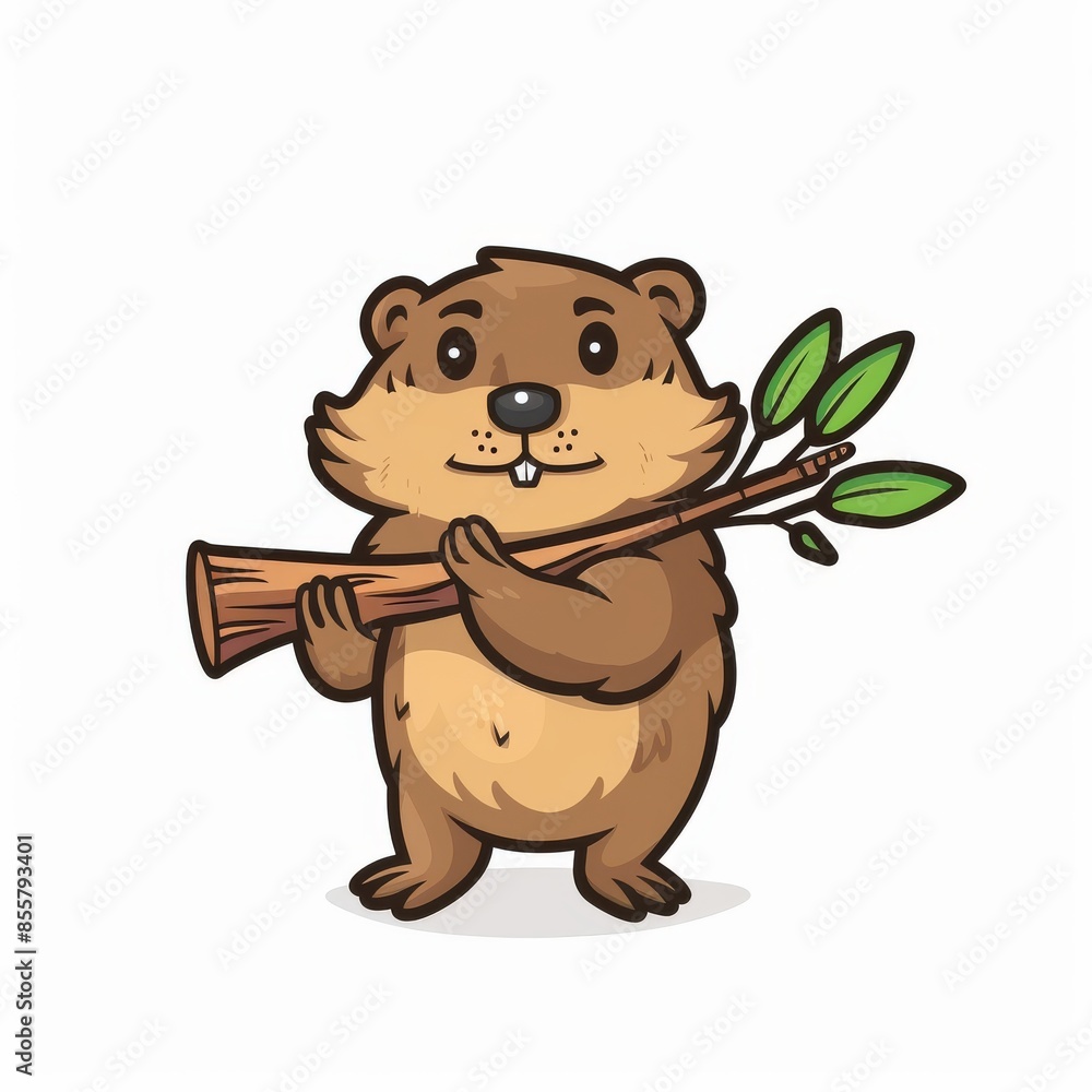 Obraz premium Bear holding dry logs with leaves in its paws and with a flat tail as a modern image