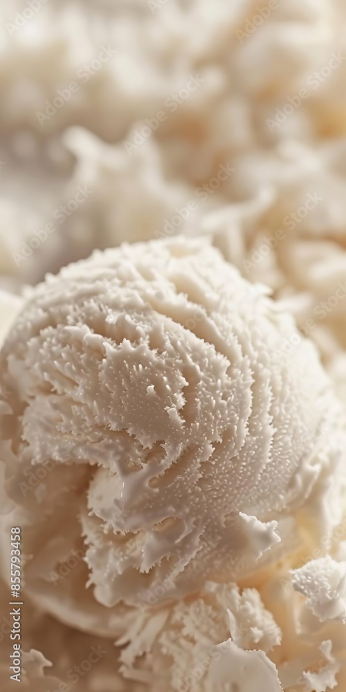 8 Coconut ice cream scoop, macro shot, white creamy texture, soft focus 8 Coconut ice cream scoop, macro shot, white creamy texture, soft focus