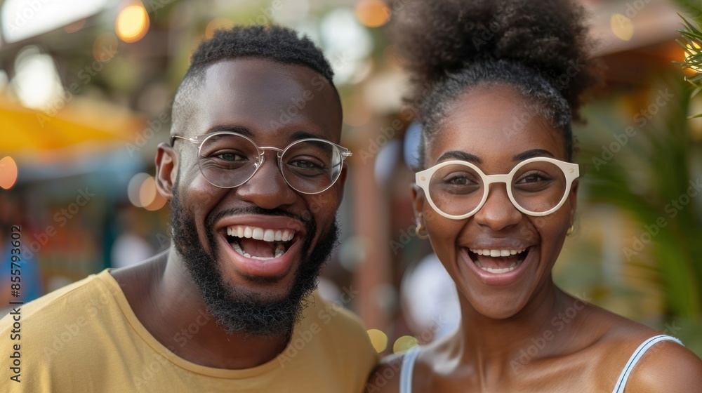 Happy couple wearing stylish glasses, smiling and enjoying an outdoor event, capturing joy, companionship, and vibrant atmosphere. Happy couple wearing stylish glasses, smiling and enjoying an outdoor event, capturing joy, companionship, and vibrant atmosphere.