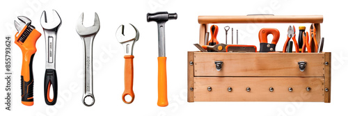 PNG Wooden toolbox with various tools set photo