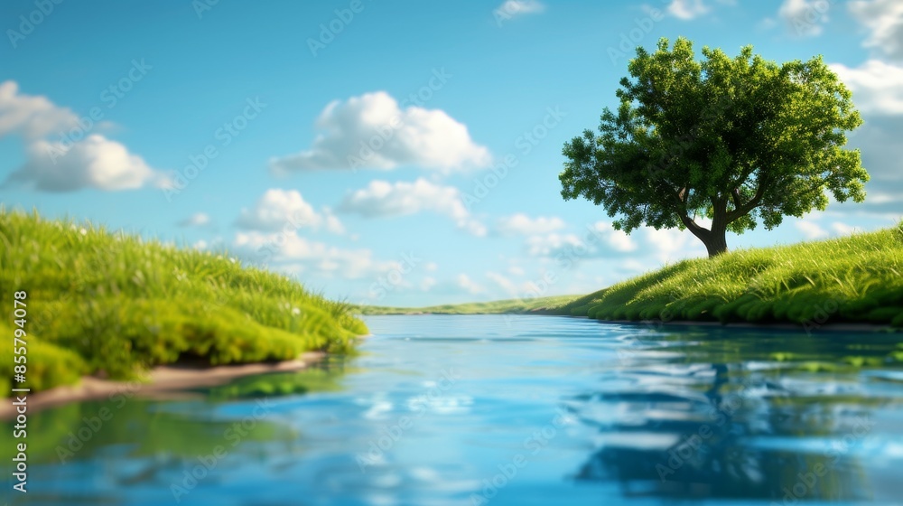 tranquil summer landscape with green tree by calm river and blue sky. tranquil summer landscape with green tree by calm river and blue sky.