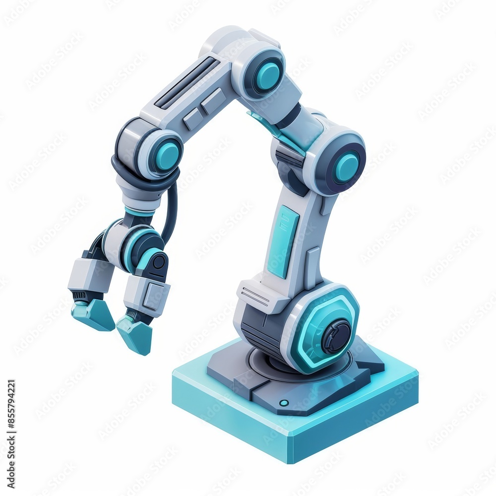 An illustration of a white and blue robot arm chatbot in 3D An illustration of a white and blue robot arm chatbot in 3D