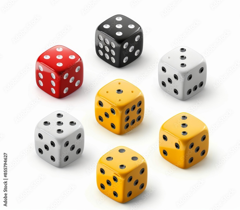 An isolated background with a row of multicolored dice. An isolated background with a row of multicolored dice.