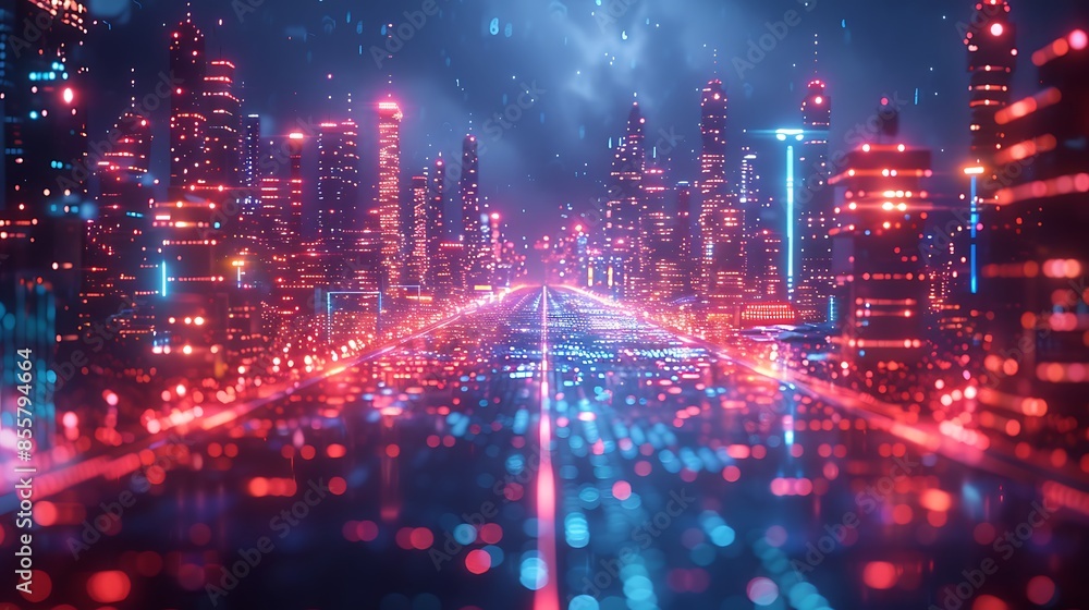 Fototapeta premium An abstract design featuring a futuristic digital grid on a dark cyberpunk cityscape. The neon-lit buildings and holographic displays create a high-tech and immersive atmosphere.