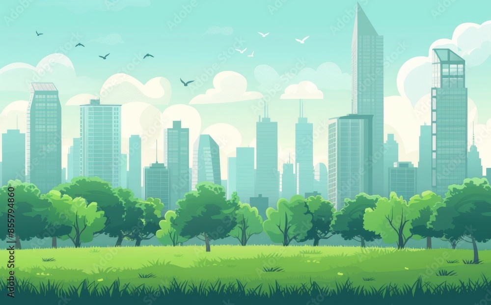 Modern flat cityscape banner with cartoon city landscape on a sunny day Modern flat cityscape banner with cartoon city landscape on a sunny day