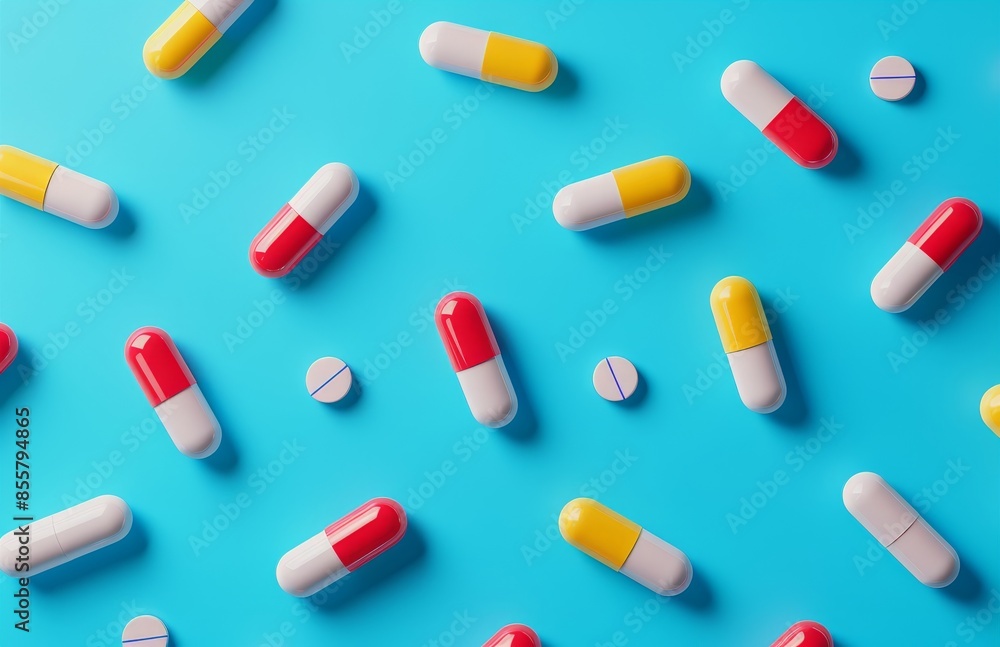 Close up 3D render illustration of pills and medicine on a blue background. Close up 3D render illustration of pills and medicine on a blue background.