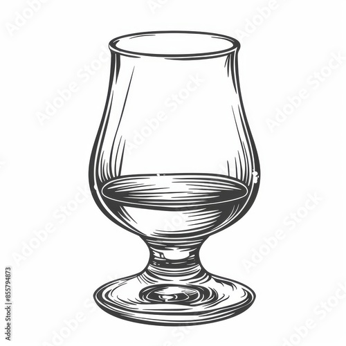 Black and white hand drawing of whiskey, scotch, brandy nosing glass, isolated on white background. Sketch style modern illustration.