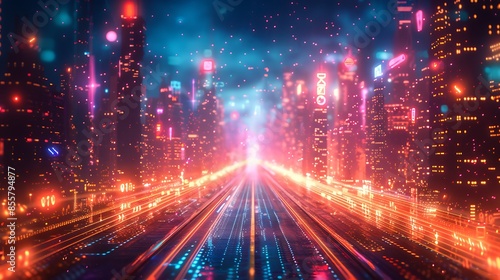 An abstract design featuring a futuristic digital grid on a dark cyberpunk cityscape. The neon-lit buildings and holographic displays create a high-tech and immersive atmosphere.