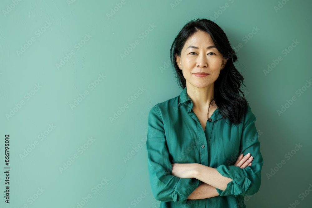 Fototapeta premium Portrait of a glad asian woman in her 40s with arms crossed isolated on solid pastel color wall