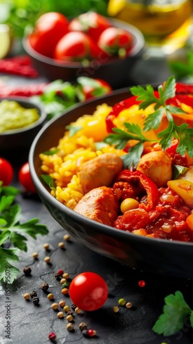delicious food dish with rice, sausage, peppers, and tomatoes in black bowl.