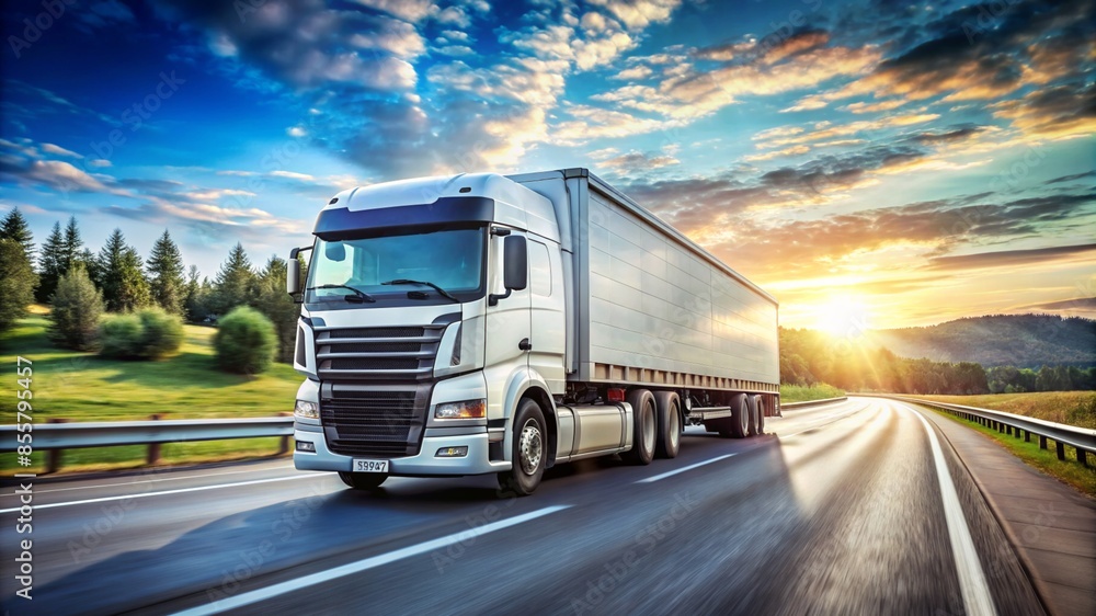 Large Modern Truck Speeding Along the Highway: High-Powered Vehicle in Motion on a Fast-Paced Journey. Large Modern Truck Speeding Along the Highway: High-Powered Vehicle in Motion on a Fast-Paced Journey.