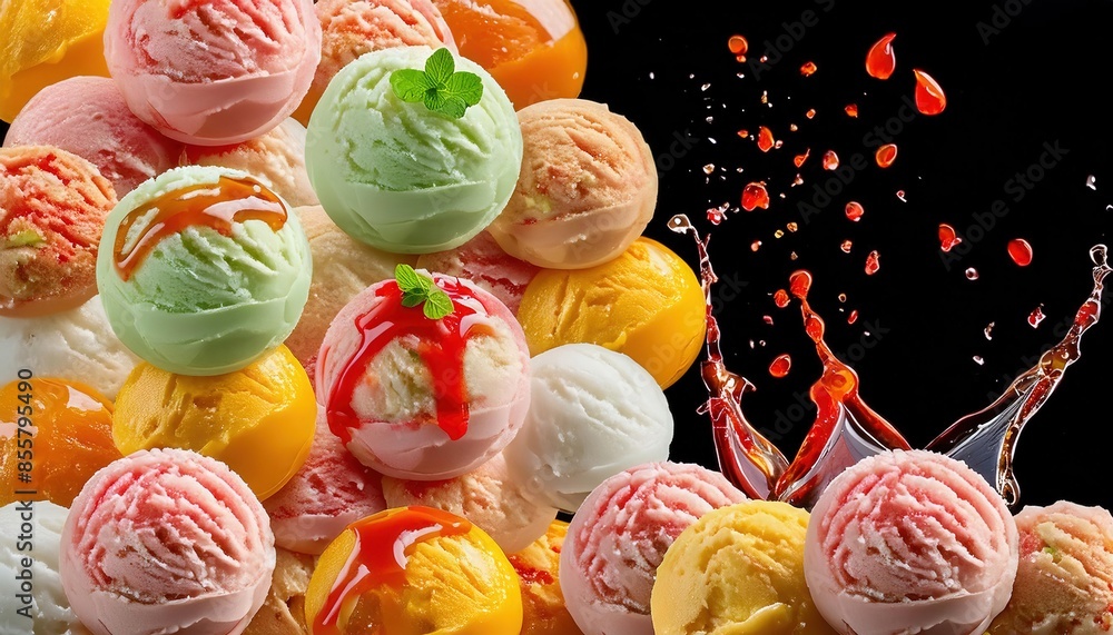 Colorful Ice Cream Scoops with Fruit Splashes Colorful Ice Cream Scoops with Fruit Splashes
