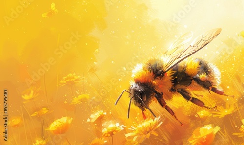 colorful illustration of a fluffy, fluffy bee with transparent wings collecting flower pollen against a bright yellow background