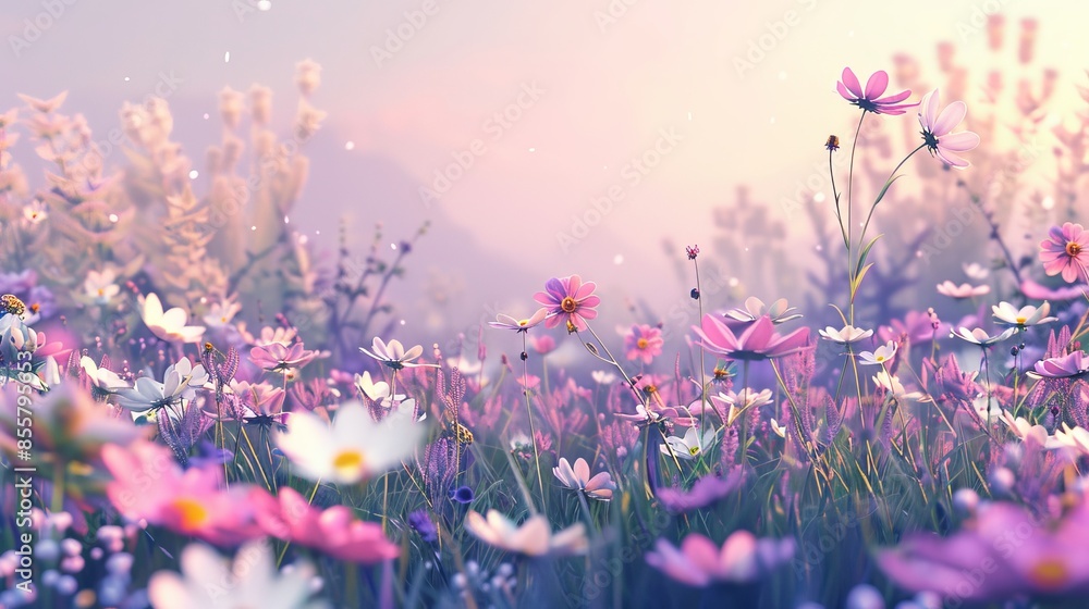 Obraz premium 3D illustration of a meadow filled with pink, lilac, white and yellow wildflowers and a soft summer's evening.