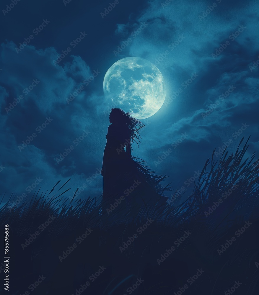 Nighttime mixed media 3D illustration of a woman silhouetted against the moonlight. Nighttime mixed media 3D illustration of a woman silhouetted against the moonlight.