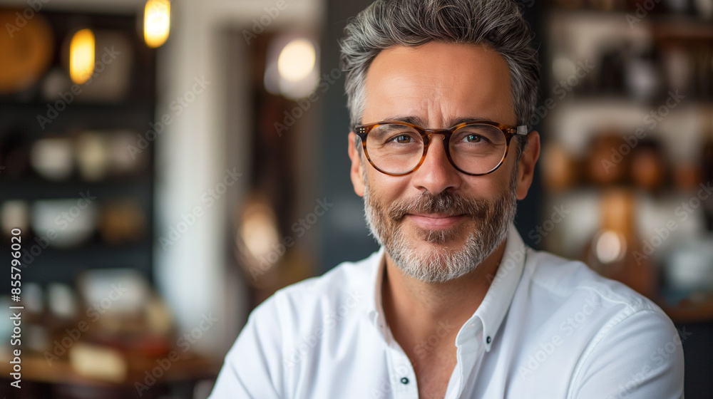 Mature man with glasses and gray hair smiling in cozy home setting. Generative AI Mature man with glasses and gray hair smiling in cozy home setting. Generative AI