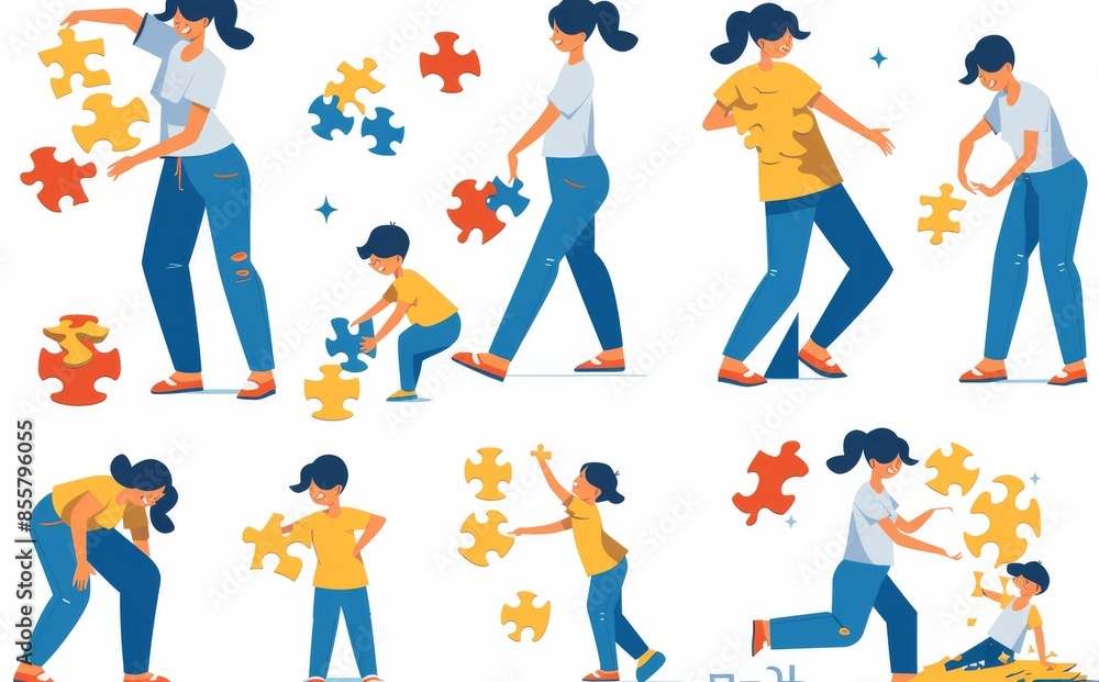 Mother and child with autism disorder, flat modern illustration isolated on white background. Mother and child with autism disorder, flat modern illustration isolated on white background.