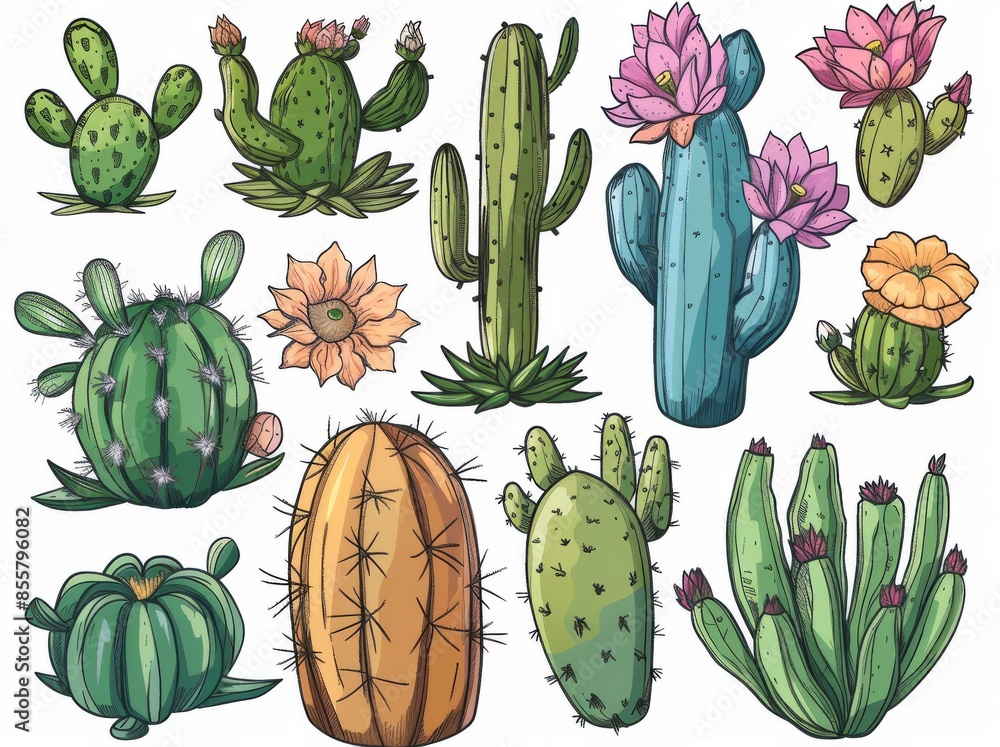 Fototapeta premium Isolated modern illustration of blooming cactuses and succulents.