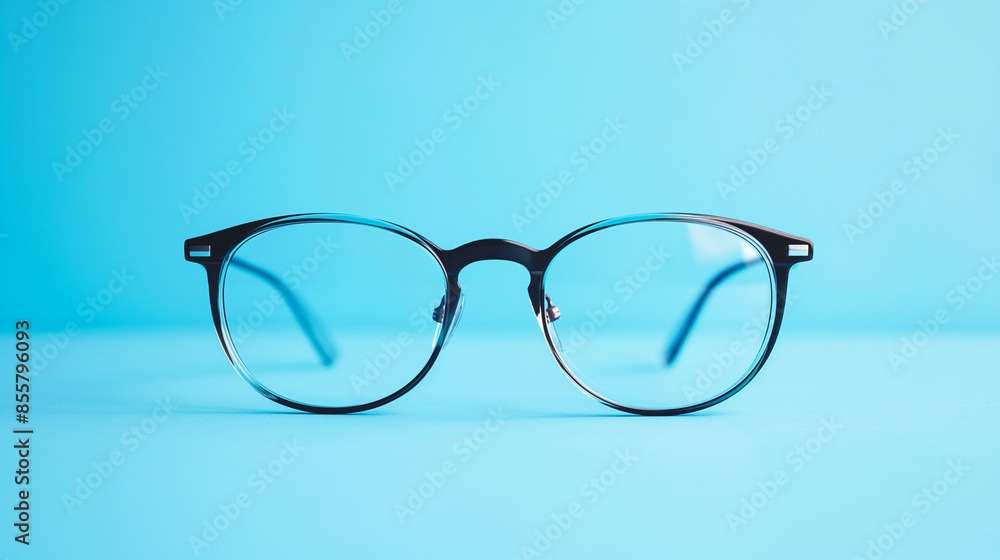 Close-up of black eyeglasses with clear lenses on a blue background. Generative AI Close-up of black eyeglasses with clear lenses on a blue background. Generative AI