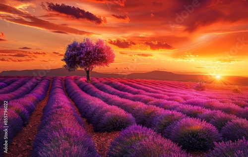 As the sun sets on a summer evening, purple lavender stretches across a field. UK, composite photo.