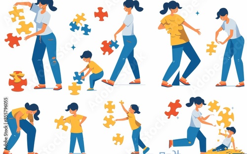 Wallpaper Mural Mother and child with autism disorder, flat modern illustration isolated on white background. Torontodigital.ca