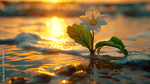 Solitary flower thriving on the seashore at sunset. Generative AI 
