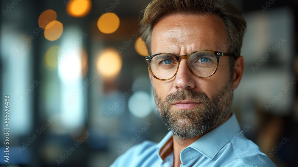 Portrait of a confident bearded man in glasses and a blue shirt. Generative AI Portrait of a confident bearded man in glasses and a blue shirt. Generative AI
