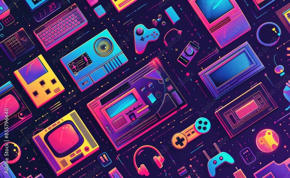 Modern illustration with iconic nineties objects and patterns. A retro background theme from the 90s. Modern illustration with iconic nineties objects and patterns. A retro background theme from the 90s.