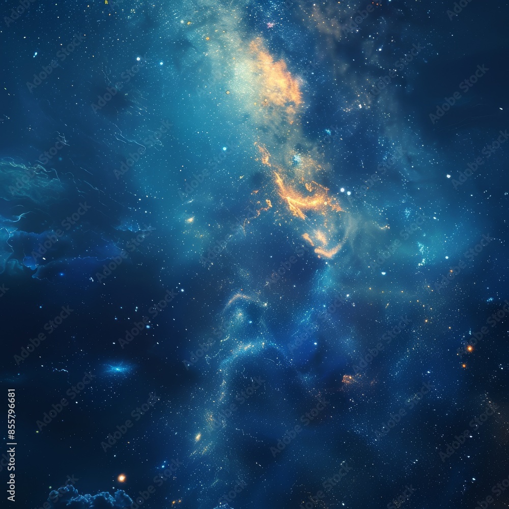 The blue galaxy nebula is dotted with bright stars. The blue galaxy nebula is dotted with bright stars.
