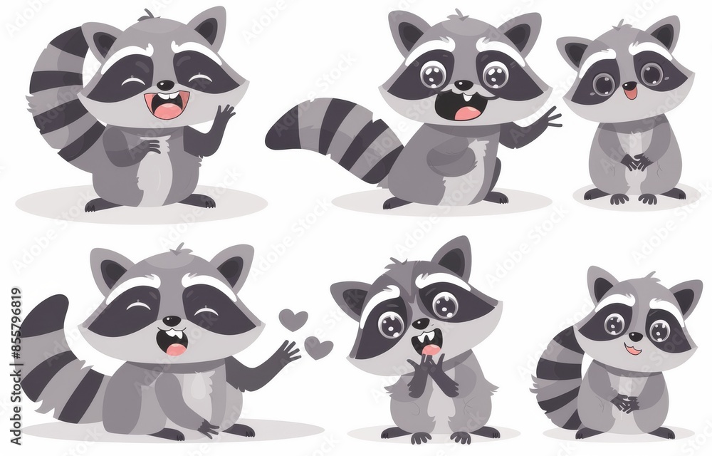 In this flat modern illustration, the raccoon is shown in a variety of poses with a variety of emotions In this flat modern illustration, the raccoon is shown in a variety of poses with a variety of emotions
