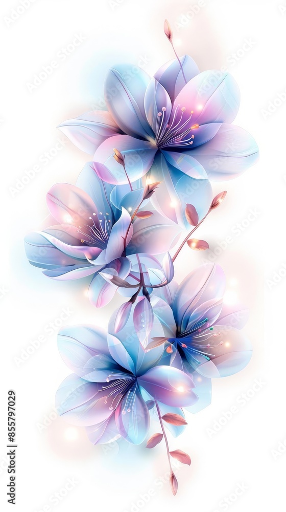Delicate blue flowers with sparkling light on white background. Delicate blue flowers with sparkling light on white background.