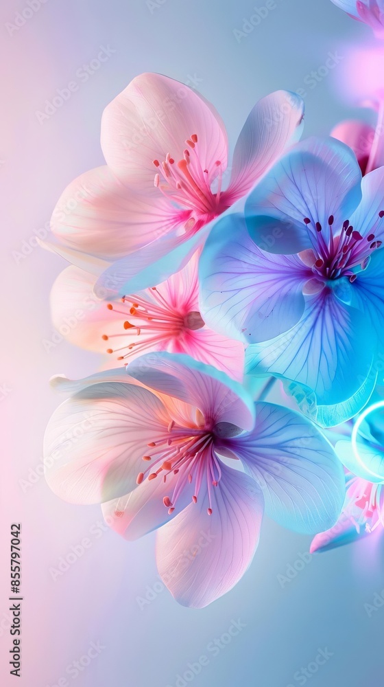 Close up of delicate pink and blue flowers with soft lighting. Close up of delicate pink and blue flowers with soft lighting.
