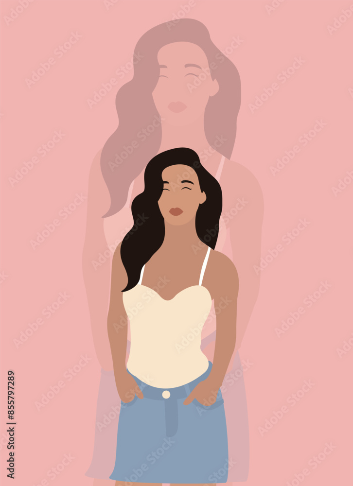 Illustration of brunette girl cute on pale pink background. Illustration of brunette girl cute on pale pink background.