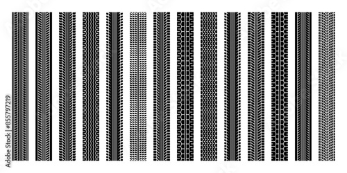 Tire tracks, wheel braking marks. Truck, car or motorcycle tread pattern silhouettes. Auto race, motorsport, speed racing design element. Vector illustration