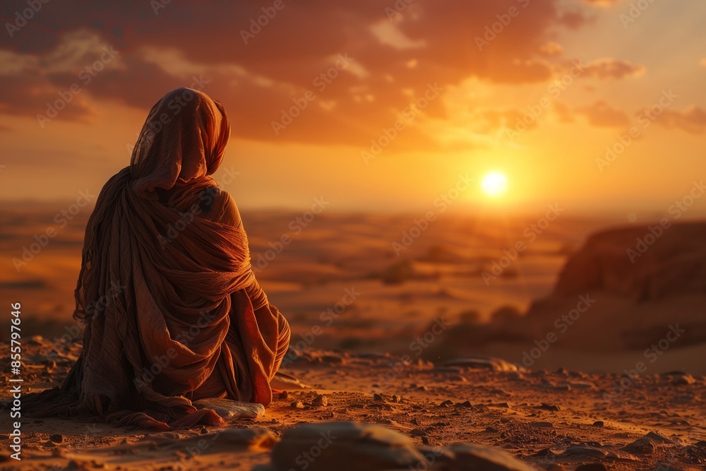Desolate Scene: Hagar Weeps in Desert at Sunset Desolate Scene: Hagar Weeps in Desert at Sunset