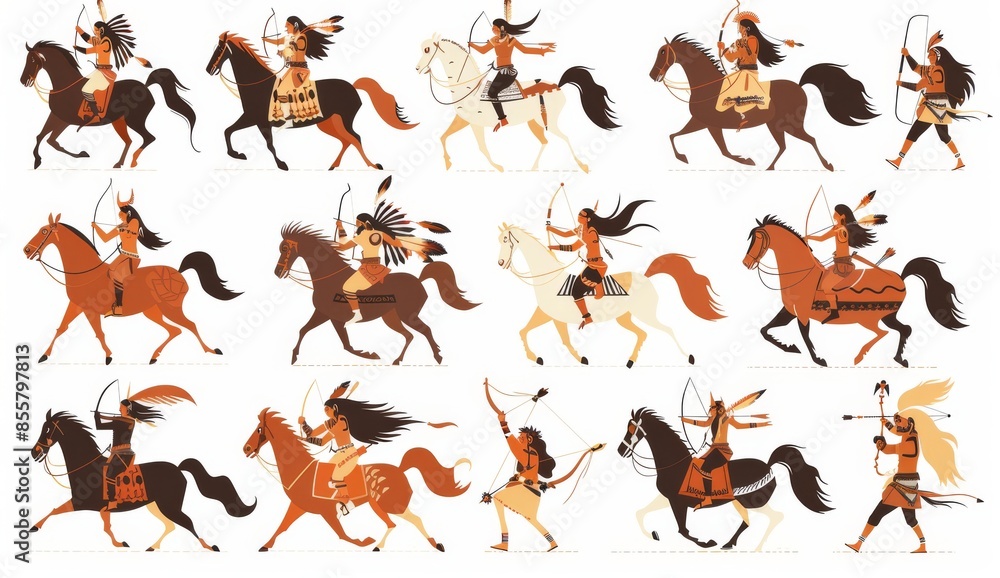 Modern illustration of American Indians on horses, flat style Modern illustration of American Indians on horses, flat style
