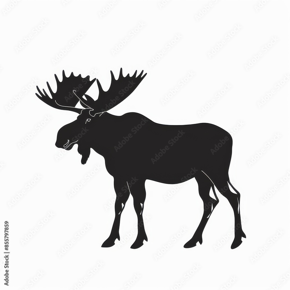 This flat modern illustration shows a black silhouette of a moose on a white background. This flat modern illustration shows a black silhouette of a moose on a white background.