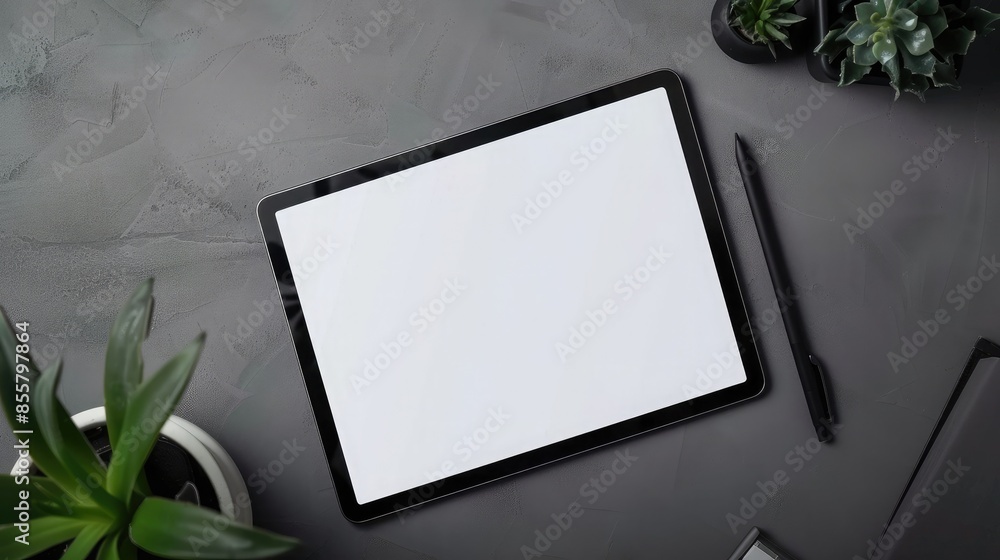 Top view of modern workplace with blank screen tablet computer, stationery and plant. Mock up Top view of modern workplace with blank screen tablet computer, stationery and plant. Mock up