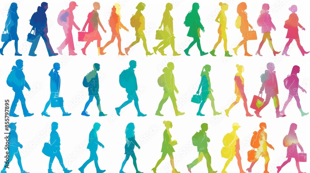 People silhouettes walking, including children, women, and men. Each silhouette is surrounded by a colourful, textured background. People silhouettes walking, including children, women, and men. Each silhouette is surrounded by a colourful, textured background.