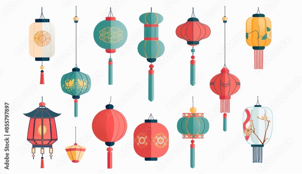 The modern set contains sakura trees, flower designs, round and oval shapes, isolated on a white background, displaying various Japanese and Chinese lanterns The modern set contains sakura trees, flower designs, round and oval shapes, isolated on a white background, displaying various Japanese and Chinese lanterns
