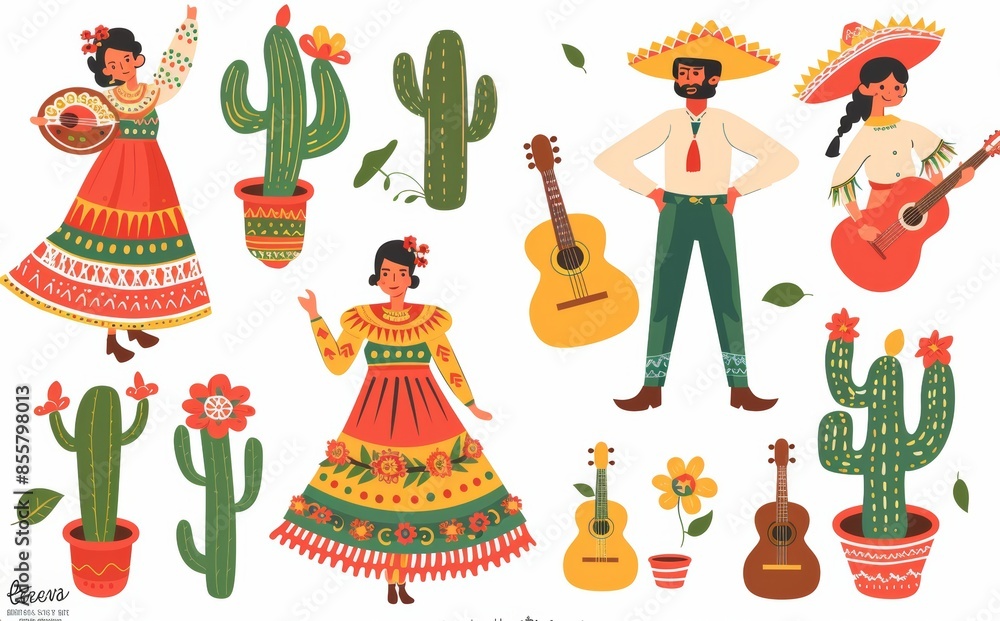 Naklejka premium A flat style set of Mexican men and women wearing traditional clothing