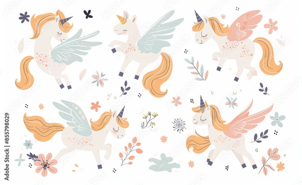 Obraz premium Cartoon flat modern illustration featuring horses, unicorns, and pegasus.