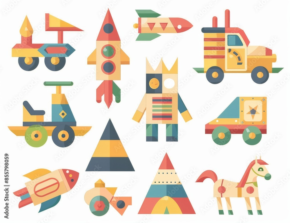 A cartoon wooden toy set including a car, rocket, pyramid, horse, and bricks, and a children's game of cubic construction based on logic A cartoon wooden toy set including a car, rocket, pyramid, horse, and bricks, and a children's game of cubic construction based on logic