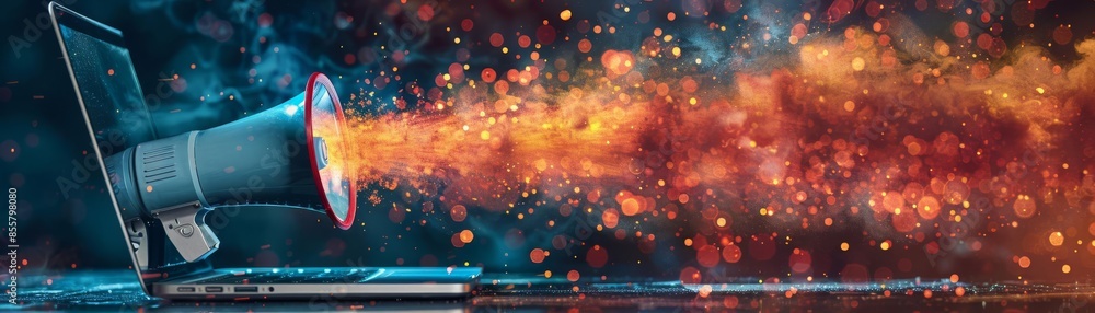 A megaphone on a laptop with digital effects exploding from it A megaphone on a laptop with digital effects exploding from it