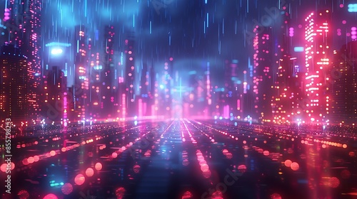 Wallpaper Mural An abstract scene of a futuristic digital grid on a dark cyberpunk cityscape. The neon-lit buildings and holographic displays create a high-tech and immersive atmosphere. Torontodigital.ca